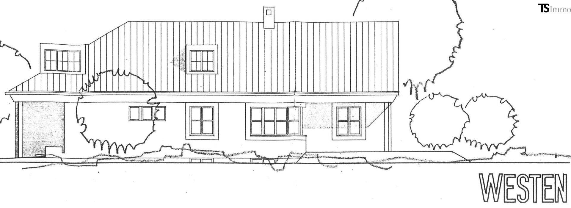 Architektonische Westansicht des Hauses mit Satteldach und verschiedenen Fenstergrößen.