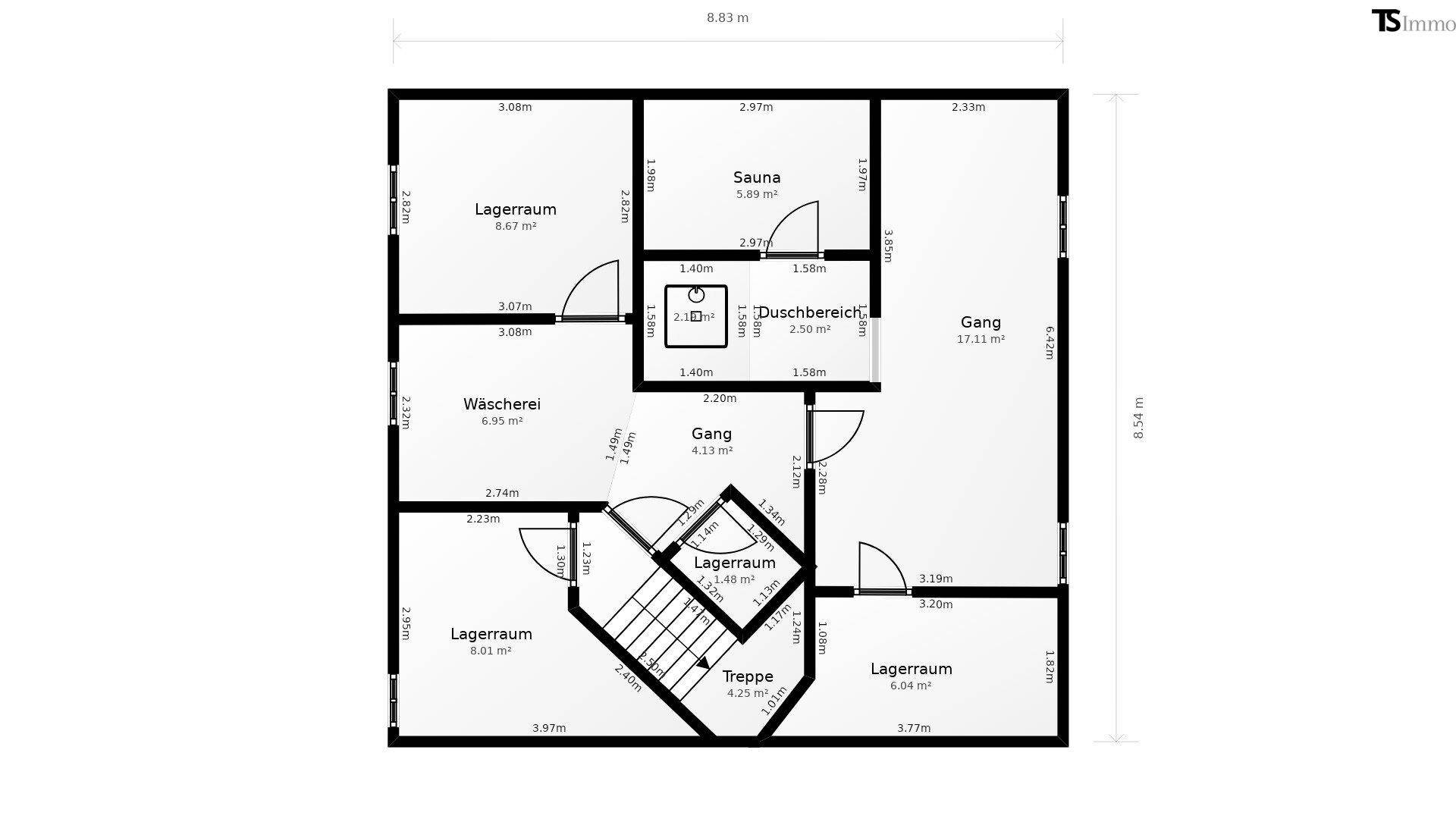 Schwarz-Weiß-Grundriss des Kellergeschosses mit Sauna, Dusche und Lagerräumen.