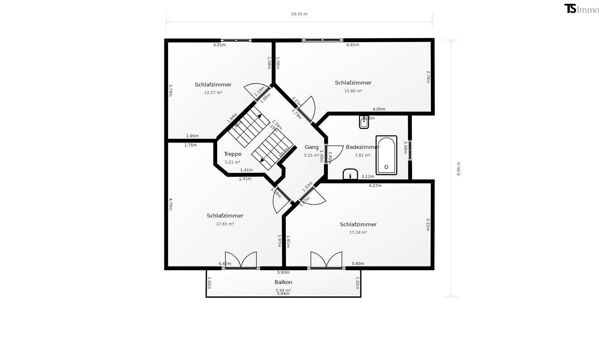Schwarz-Weiß-Grundriss des Obergeschosses mit vier Schlafzimmern und einem Badezimmer.