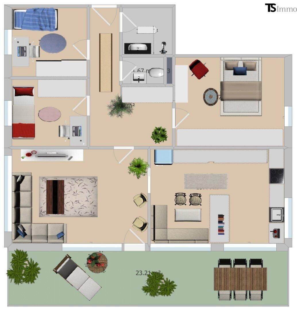 Detaillierter Grundriss einer Wohnung mit offenem Wohnbereich, zwei Bädern und großer Terrasse.