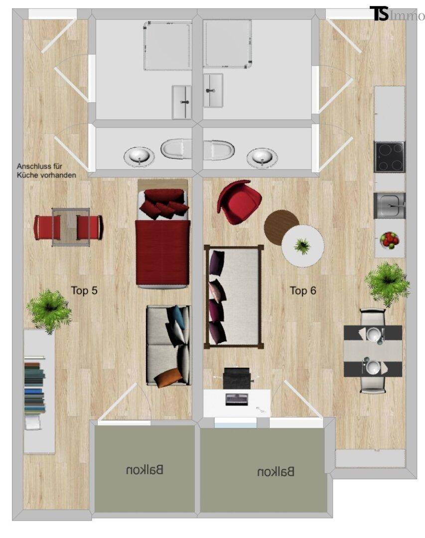 Grundrissplan zeigt zwei separate Wohneinheiten mit jeweils einem Schlafzimmer, offenem Wohnbereich, Bad und Balkon.