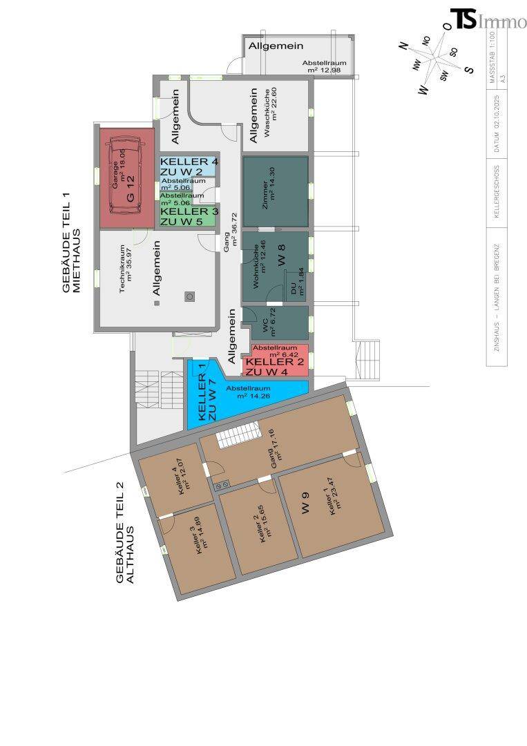 Grundriss des Kellergeschosses mit mehreren Abstellräumen, einer Garage und Gemeinschaftsflächen.