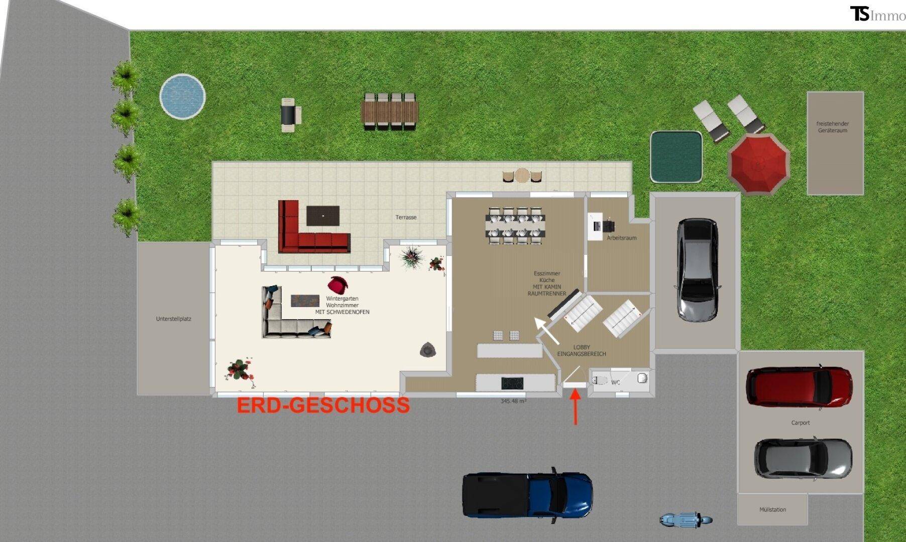 Detaillierter Grundriss des Erdgeschosses mit Wohnzimmer, Essbereich, Küche und Terrasse.