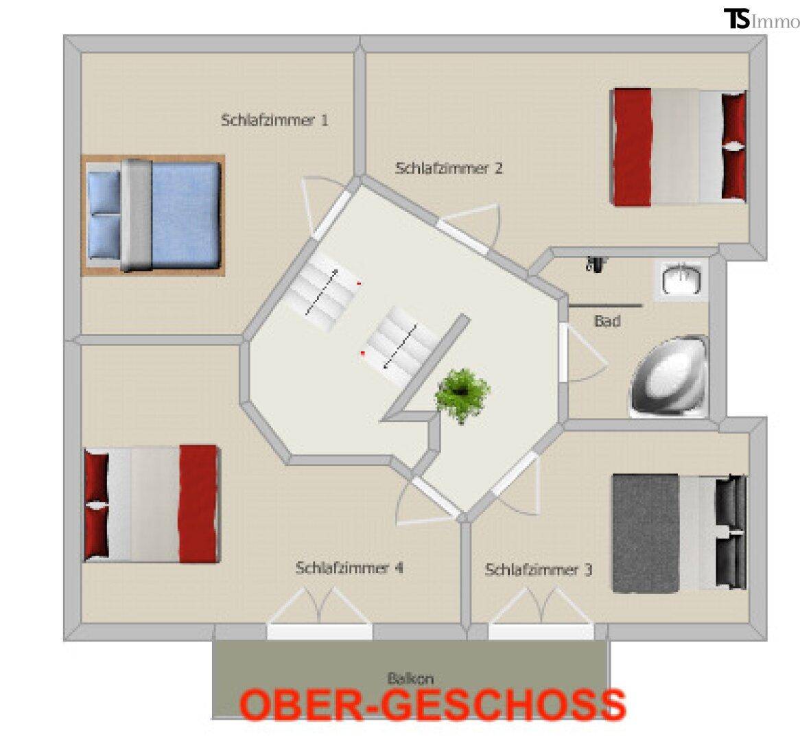 Detaillierter Grundriss des Obergeschosses mit vier Schlafzimmern und einem Badezimmer.