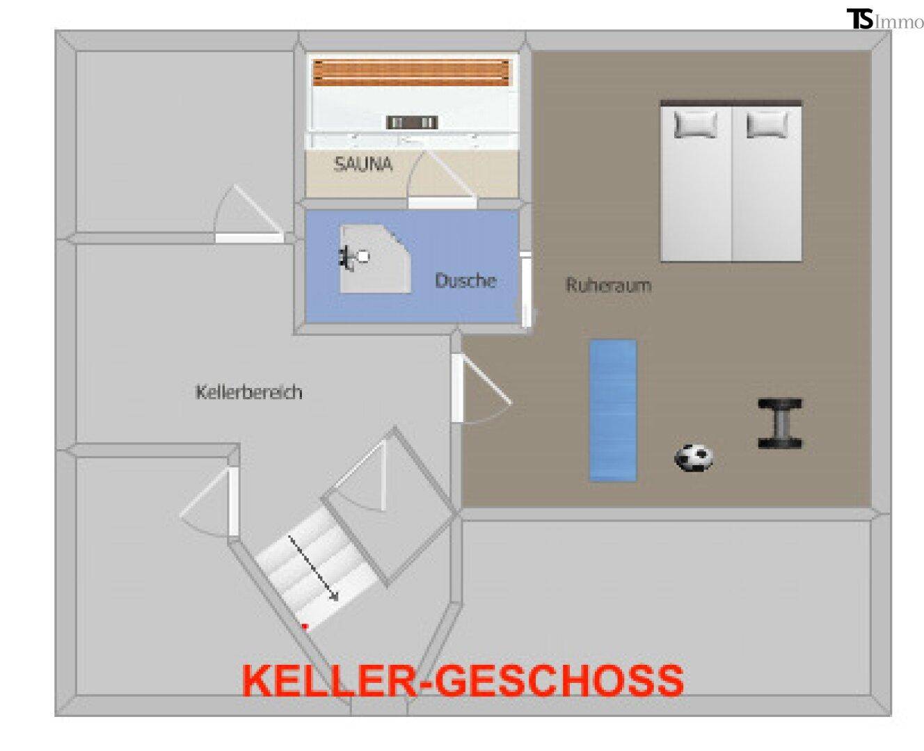 Detaillierter Grundriss des Kellergeschosses mit Sauna, Dusche und Ruheraum.