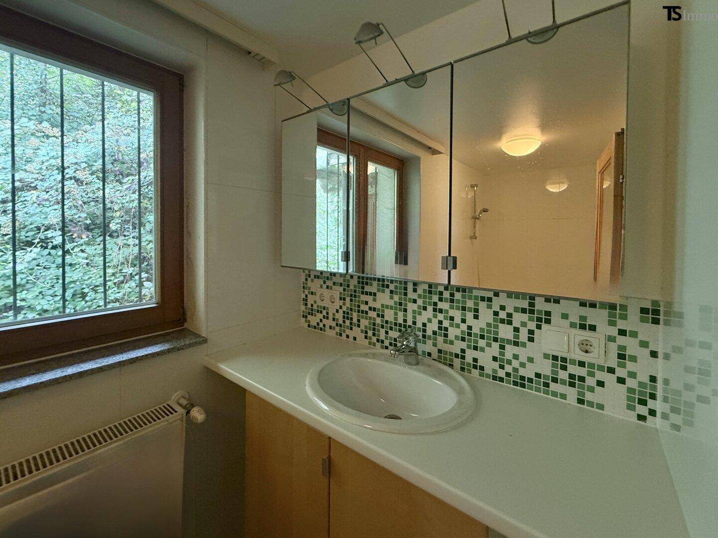 Badezimmer mit Fliesen, Einzelwaschbecken und Spiegelschrank, Fenster zum bewachsenen Außenbereich.