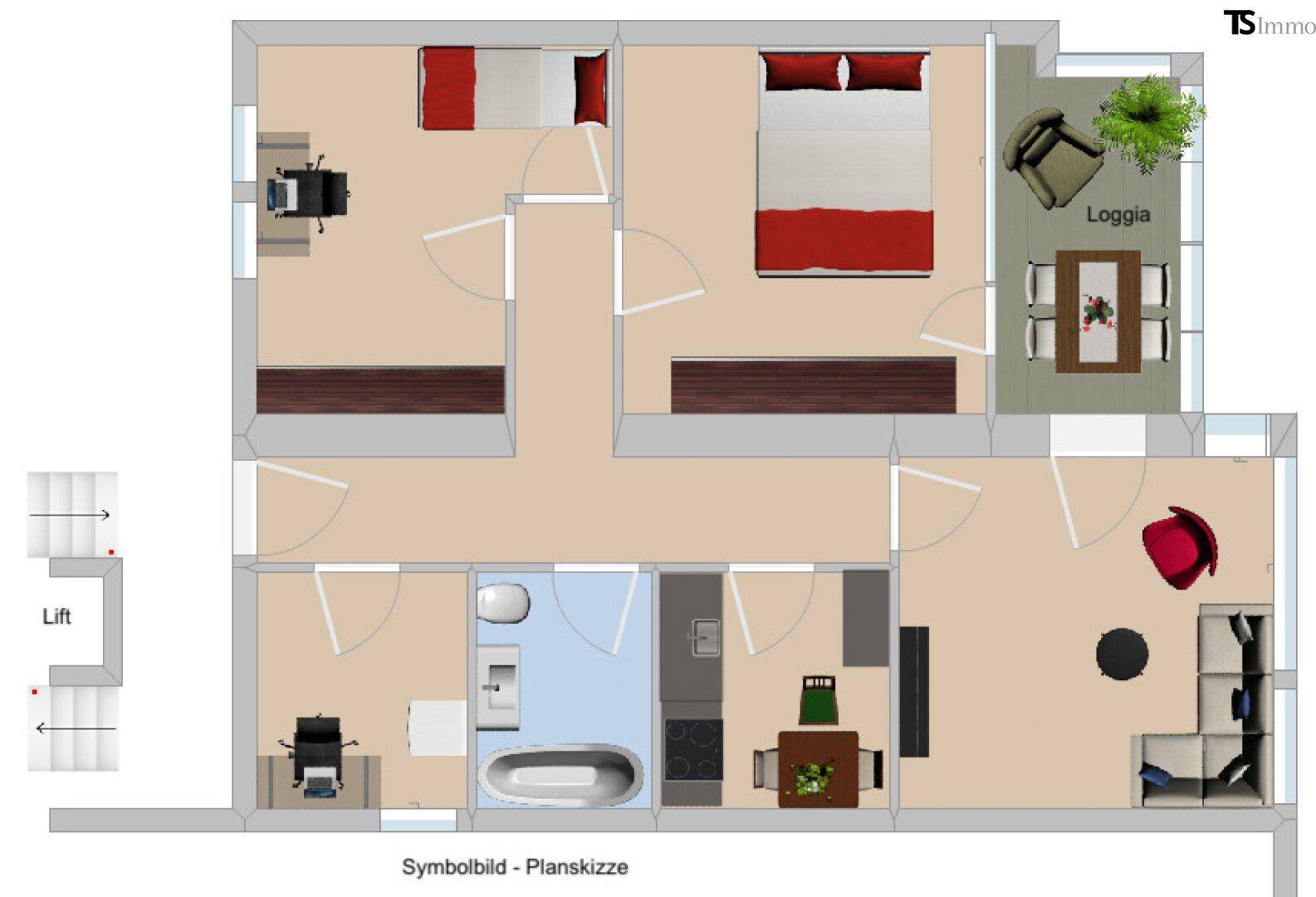 Grundriss einer Wohnung mit zwei Schlafzimmern, Wohnzimmer, Küche, Bad und einer Loggia.