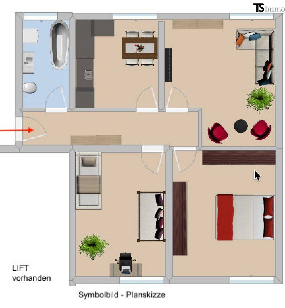Grundriss einer Wohnung mit offenem Wohnbereich, zwei Schlafzimmern und separatem WC, inklusive Badewanne.