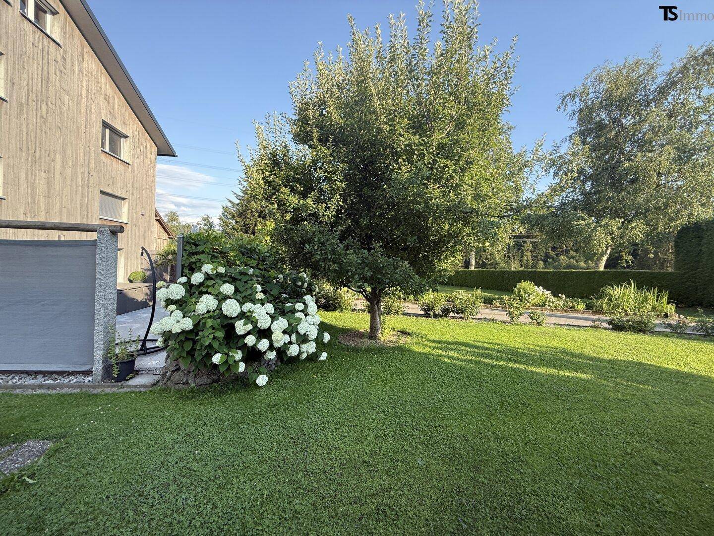 Gepflegter Gartenbereich mit Rasen, einem Baum und blühenden Sträuchern neben dem Haus.