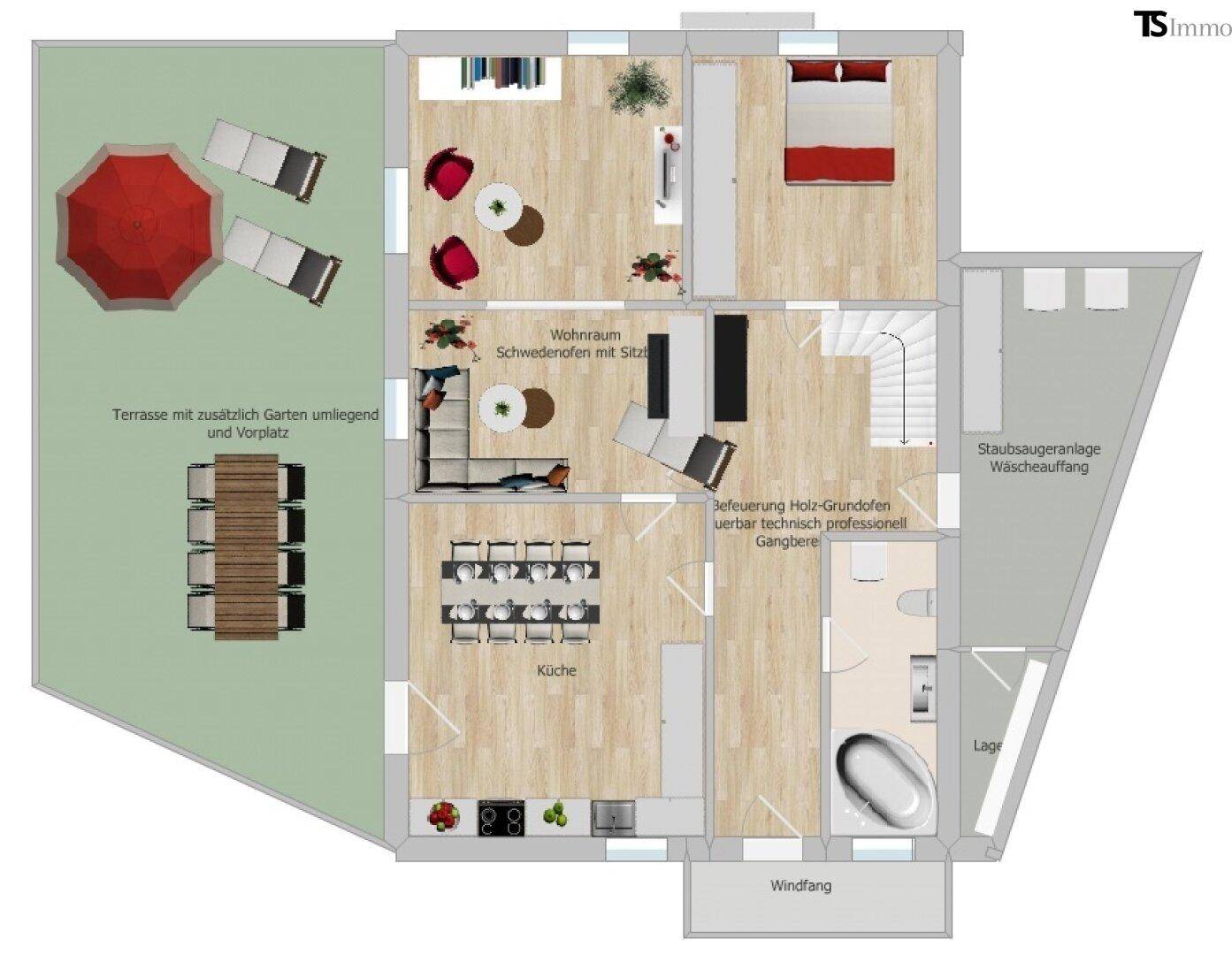 Grundriss der unteren Etage mit offenem Wohnbereich, Küche, Schlafzimmer und großer Terrasse.