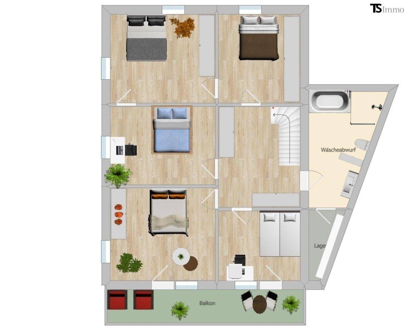 Grundriss der oberen Etage mit mehreren Schlafzimmern, Bad und Zugang zu einem Balkon.