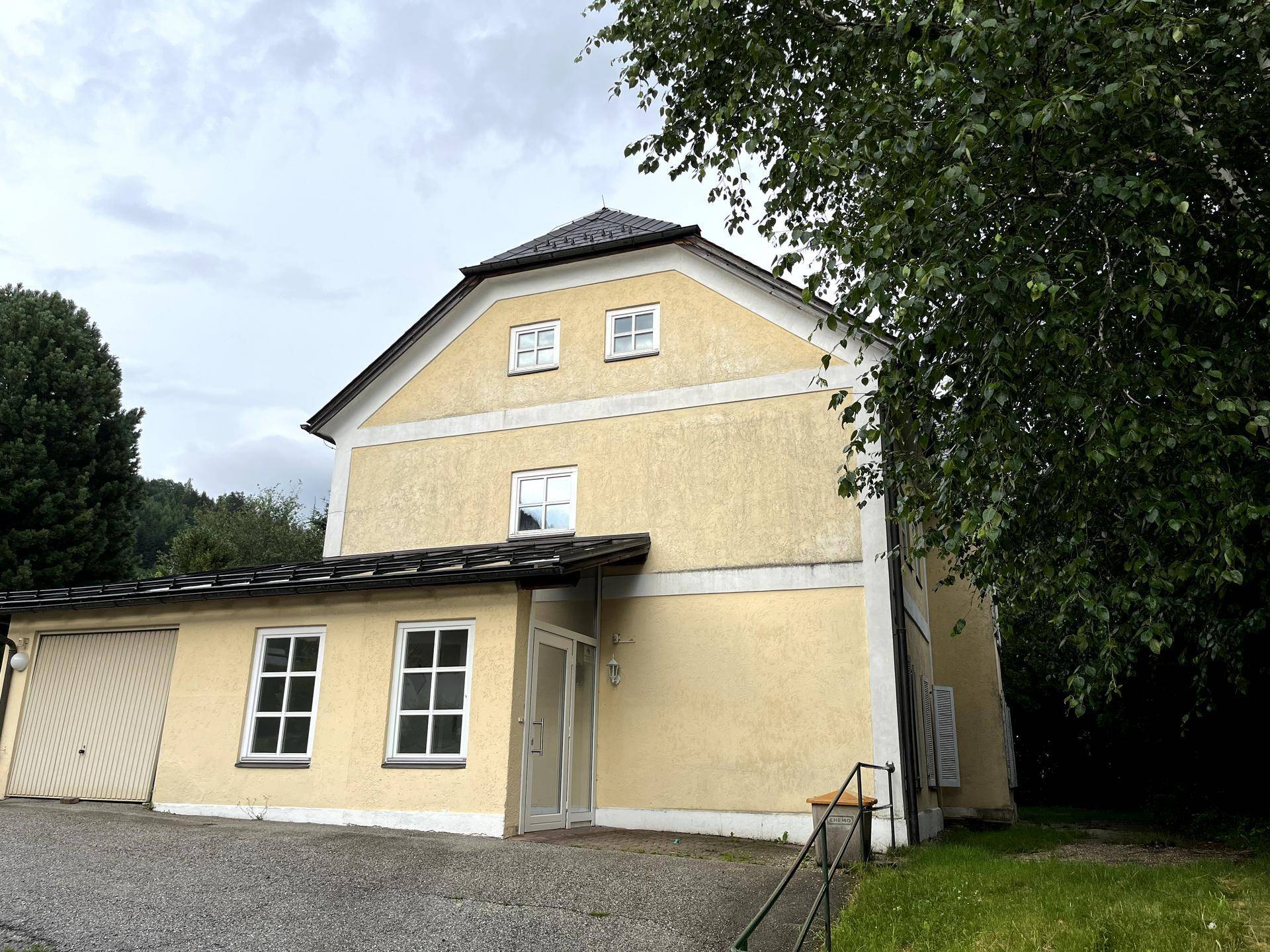 Ansicht eines Hauses mit gelber Fassade, Garage und umgeben von viel Grün.