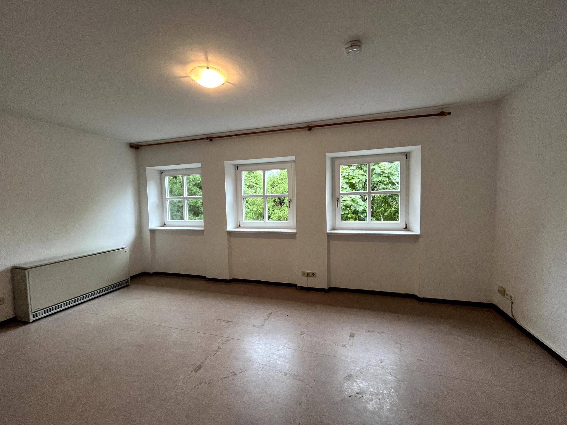Geräumiger Wohnraum mit drei Fenstern, die viel Tageslicht und einen grünen Ausblick bieten.