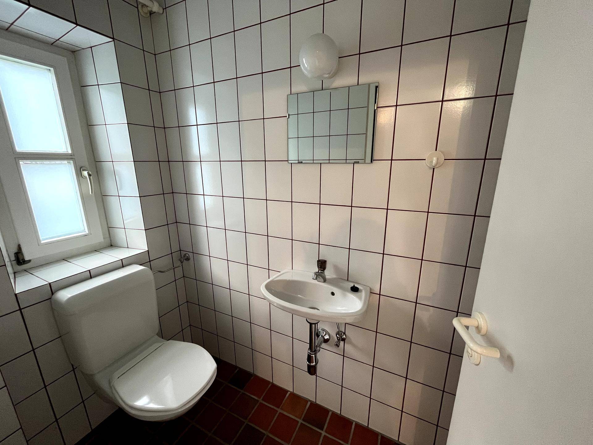 Kleines WC mit weißen Fliesen, Terrakottaboden und einem Fenster für Tageslicht.