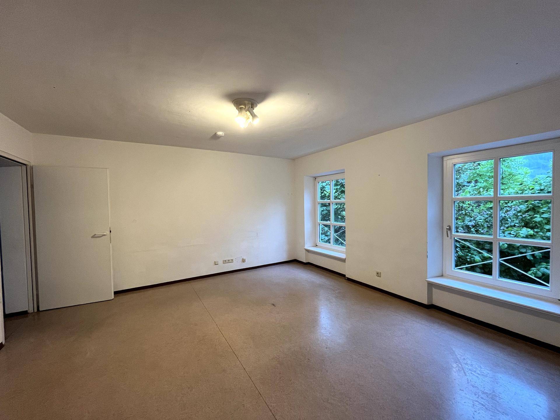 Heller Raum mit zwei Fenstern, die einen angenehmen Blick ins Grüne ermöglichen.