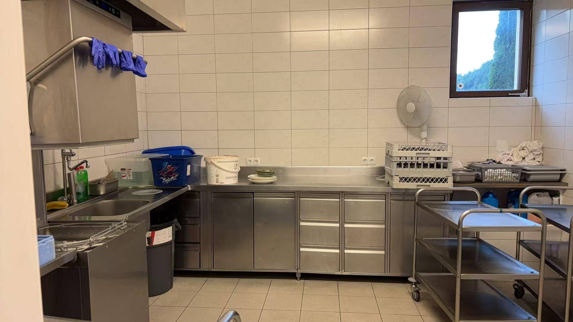 Professionelle Küche mit Edelstahlmöbeln, gefliesten Wänden und einem Fenster mit Ausblick.