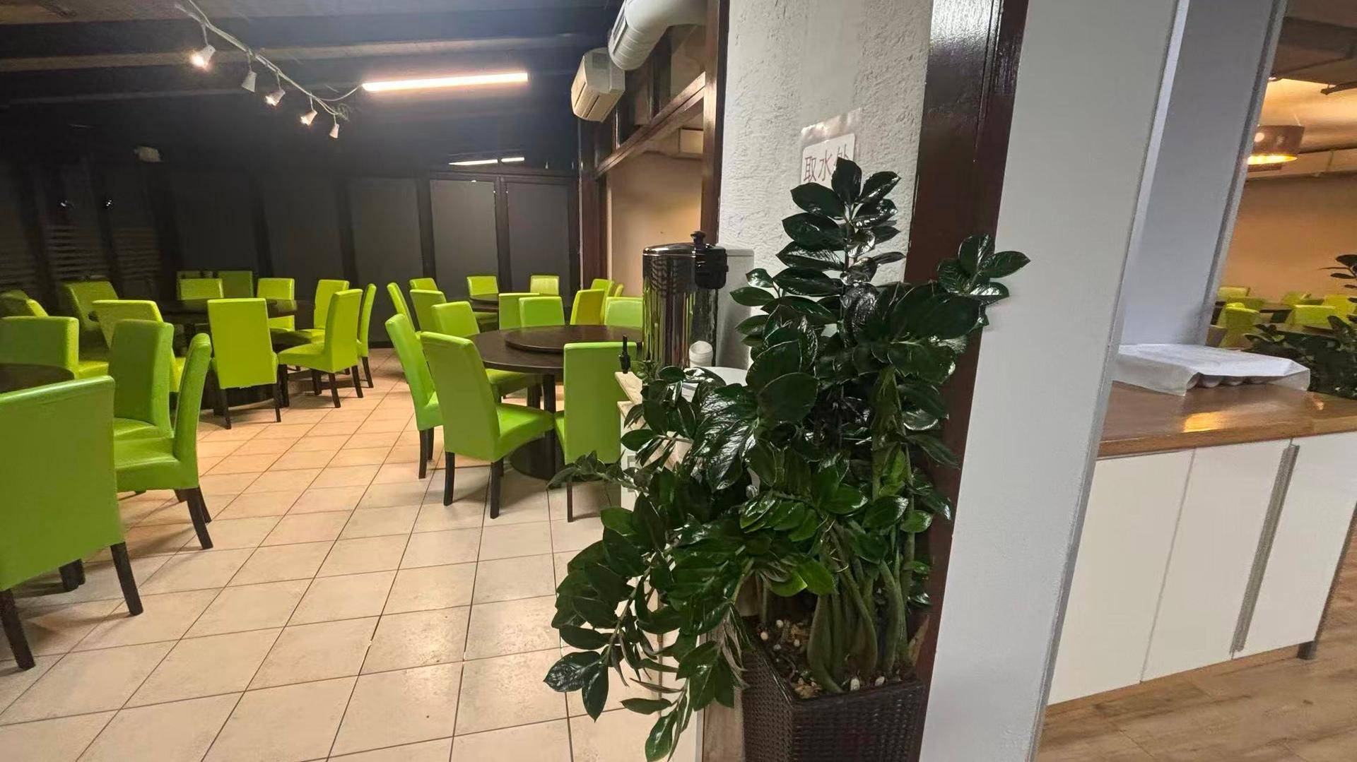 Restaurantbereich mit gefliestem Boden, grünen Stühlen und Pflanzen als Dekoration.