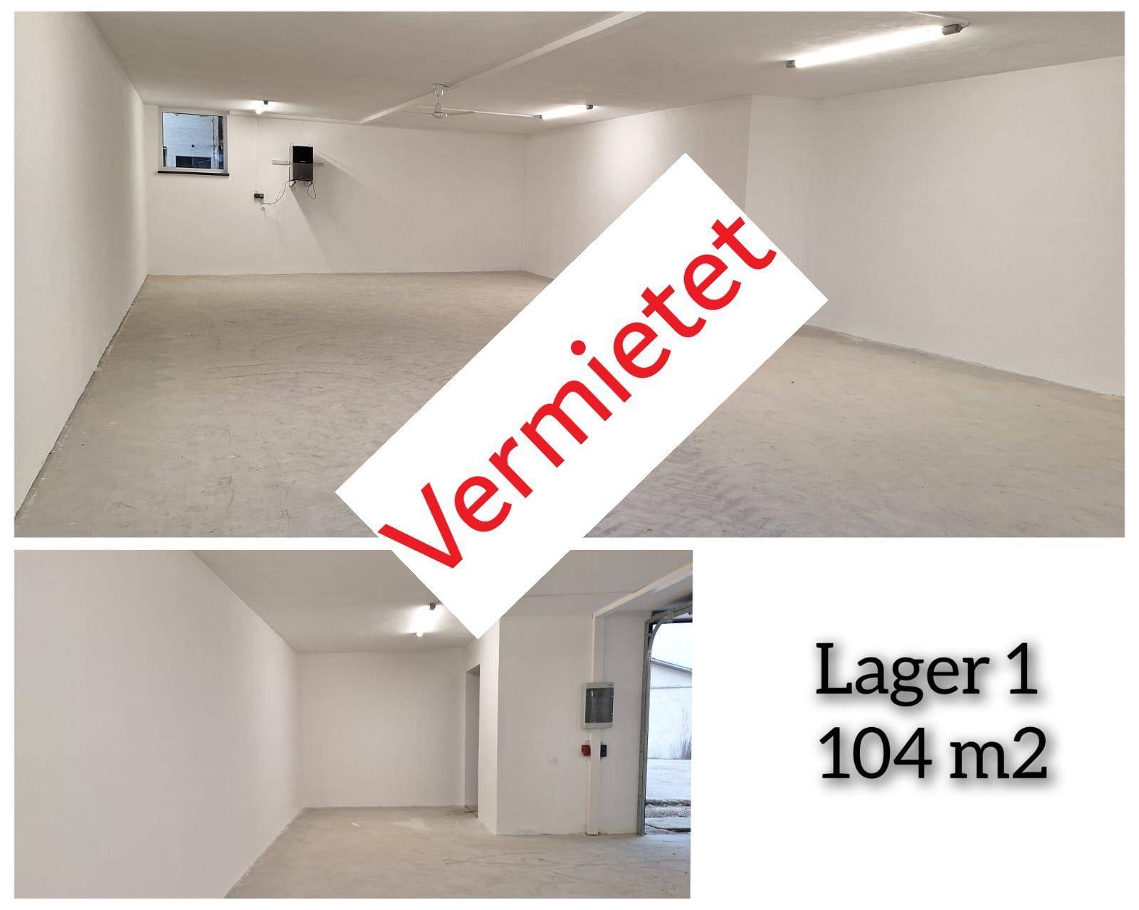 Großer, leerer Lagerraum mit weißen Wänden, Betonboden und Leuchtstofflampen, ideal für gewerbliche Nutzung.