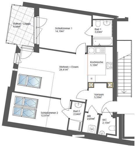 Grundriss einer Wohnung mit zwei Schlafzimmern, zwei Bädern und offenem Wohn-Essbereich.