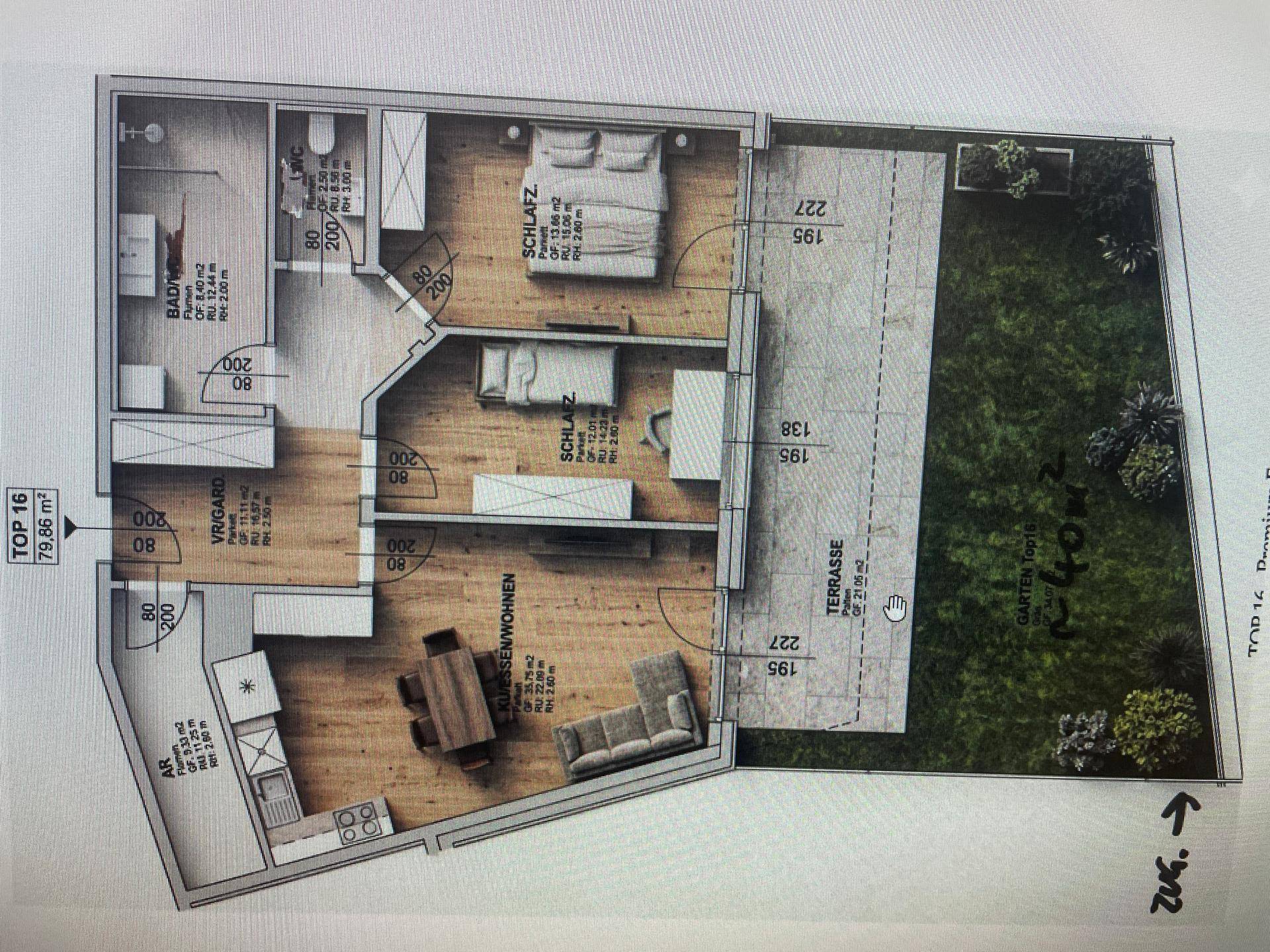 Grundriss einer Wohnung mit zwei Schlafzimmern, offener Küche, Terrasse und Garten.