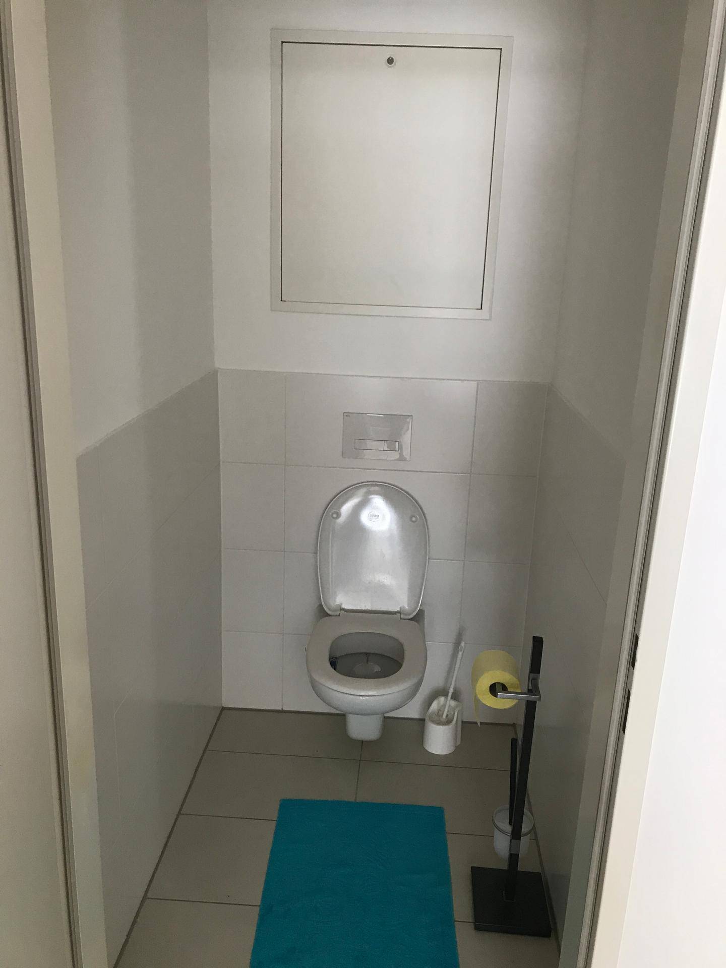 Kleines Gäste-WC mit Wand-WC und weißen Fliesen.