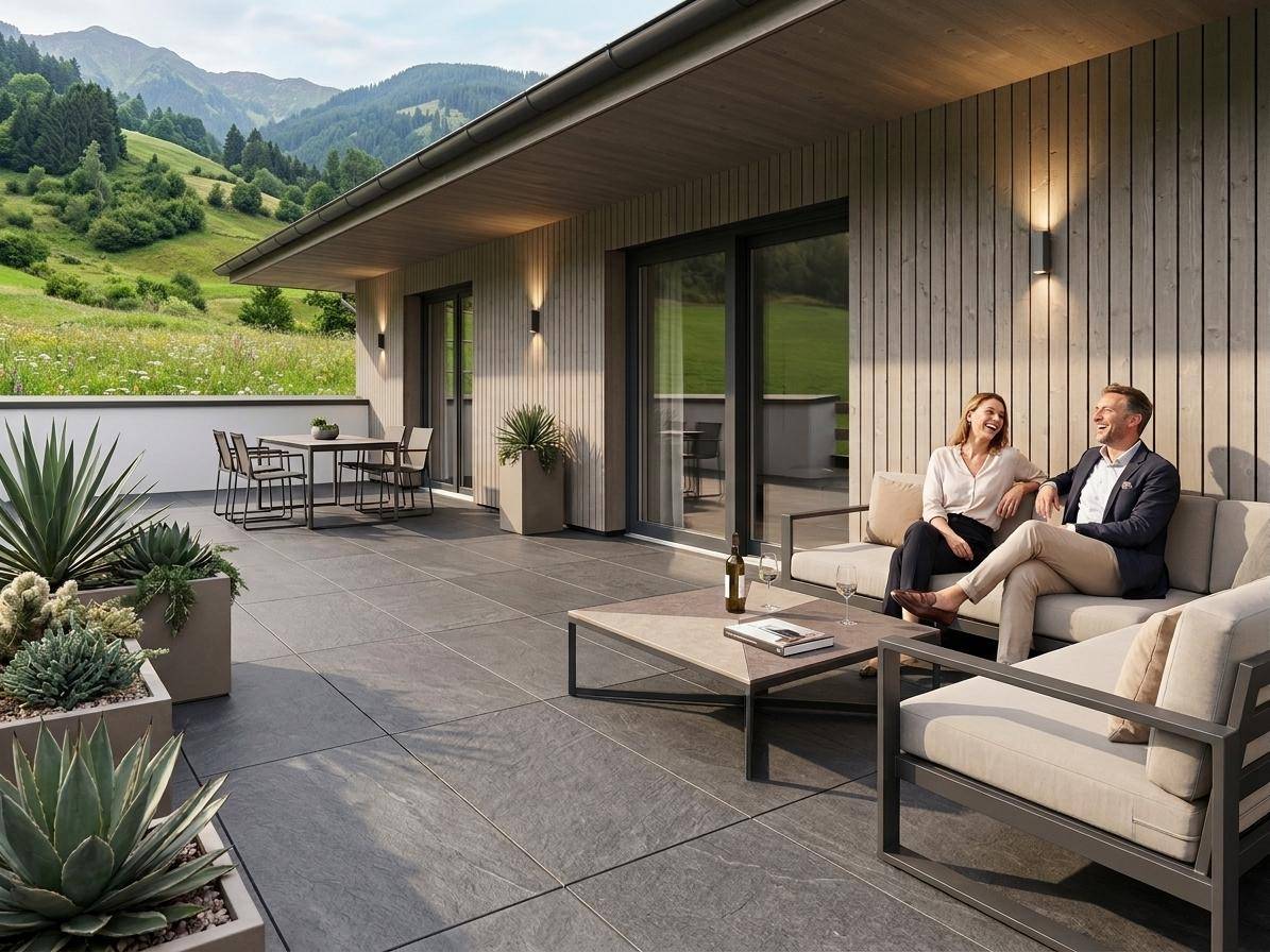 Großzügige Terrasse mit modernen Loungemöbeln und Esstisch, umgeben von einer malerischen Berglandschaft.