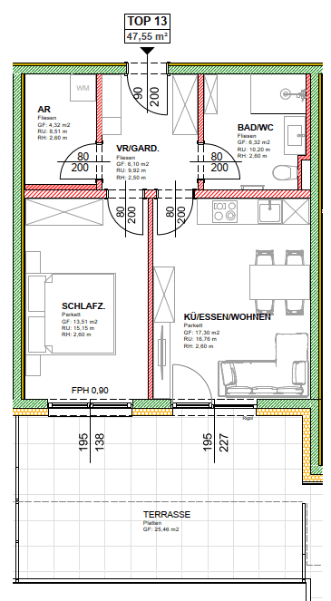 Grundriss einer 2-Zimmer-Wohnung mit offener Küche, Schlafzimmer und großer Terrasse.