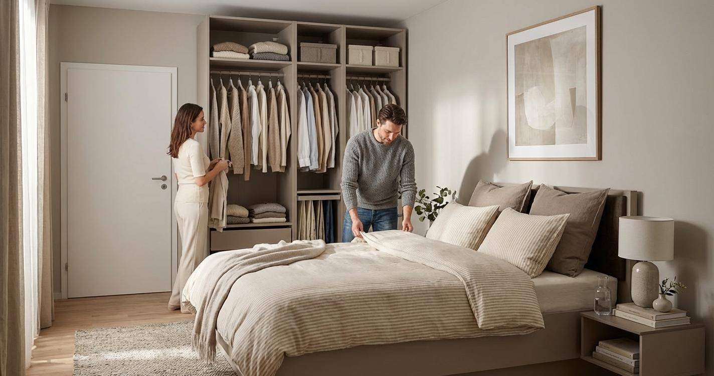 Helles Schlafzimmer mit integriertem Kleiderschrank und gemütlicher Atmosphäre.