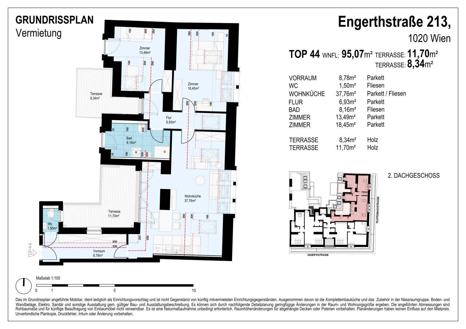 Detaillierter Grundriss der Dachgeschosswohnung mit Raumaufteilung und Terrassenflächen.