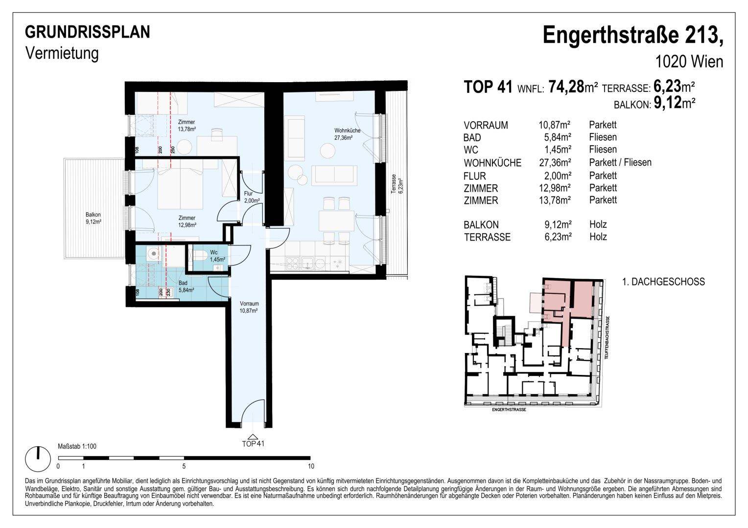 Detaillierter Grundriss der Wohnung TOP 41 mit Raumaufteilung und Flächenangaben.