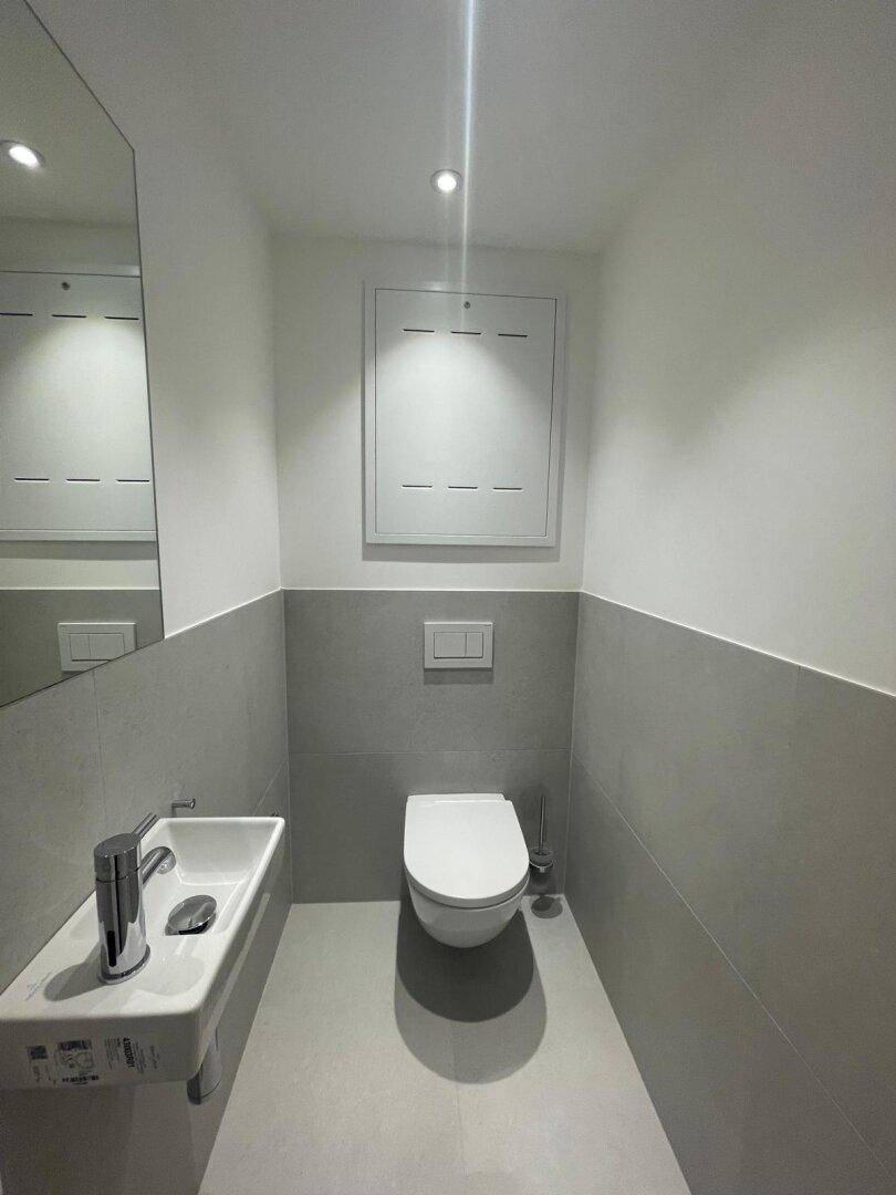 Modernes Gäste-WC mit wandhängender Toilette und stilvollen grau-weißen Fliesen.