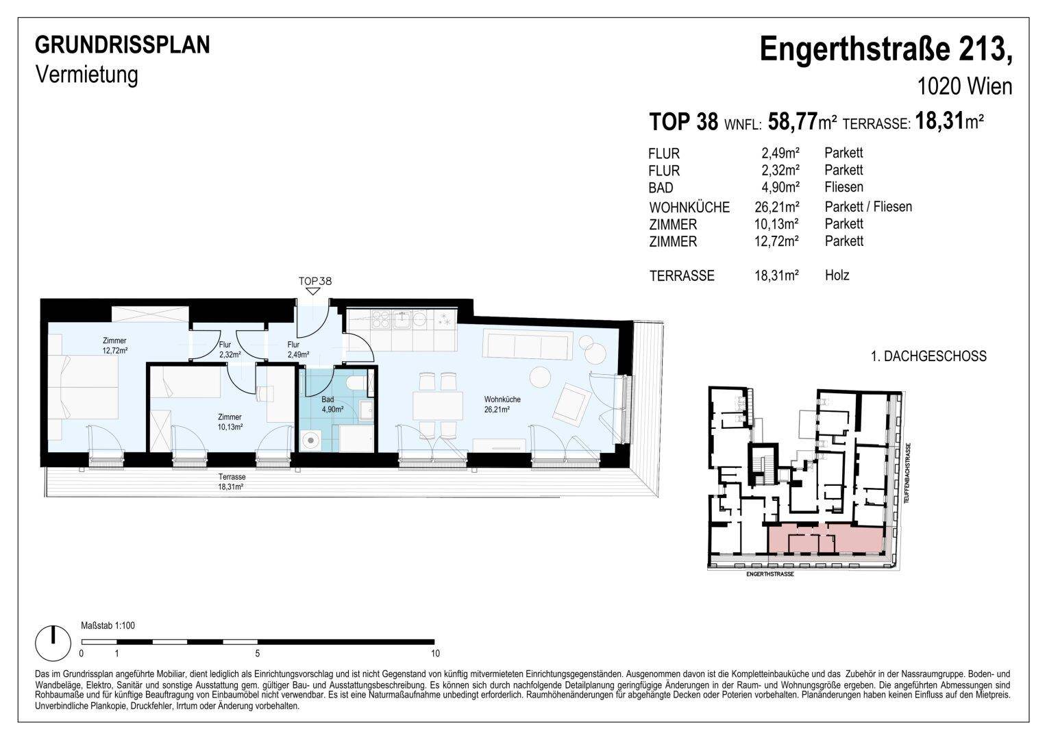 Grundriss einer Wohnung mit 58,77 m² Wohnfläche und einer 18,31 m² großen Terrasse.