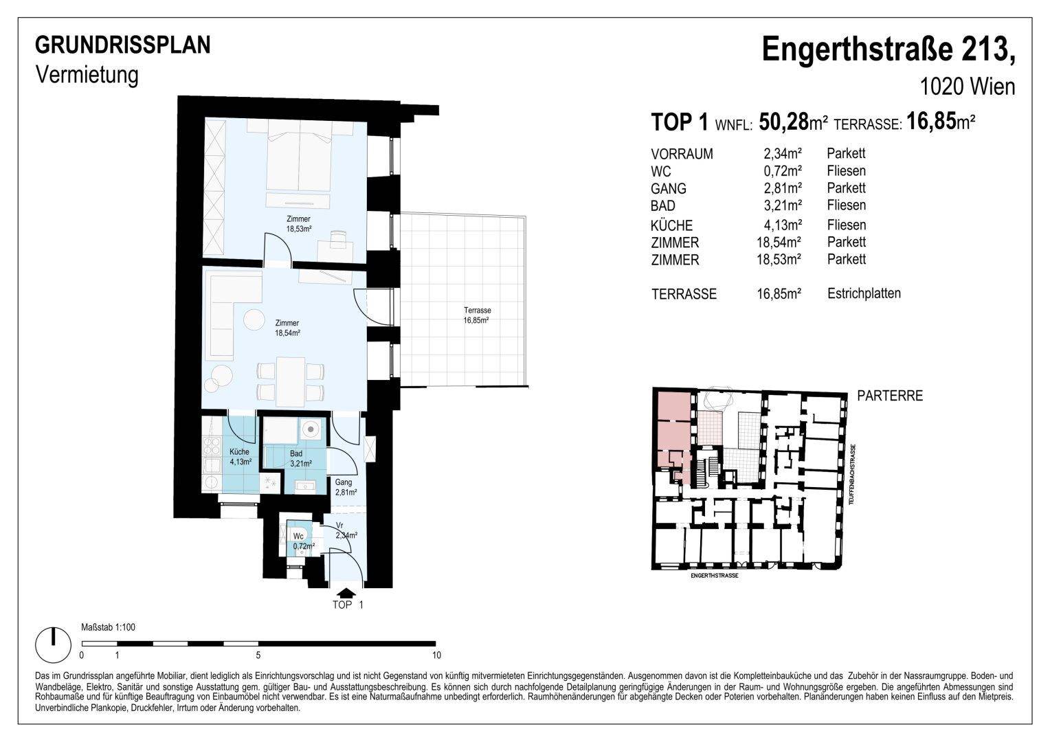 Detaillierter Grundriss der Wohnung TOP 1 mit 50,28m² Wohnfläche und einer 16,85m² großen Terrasse.