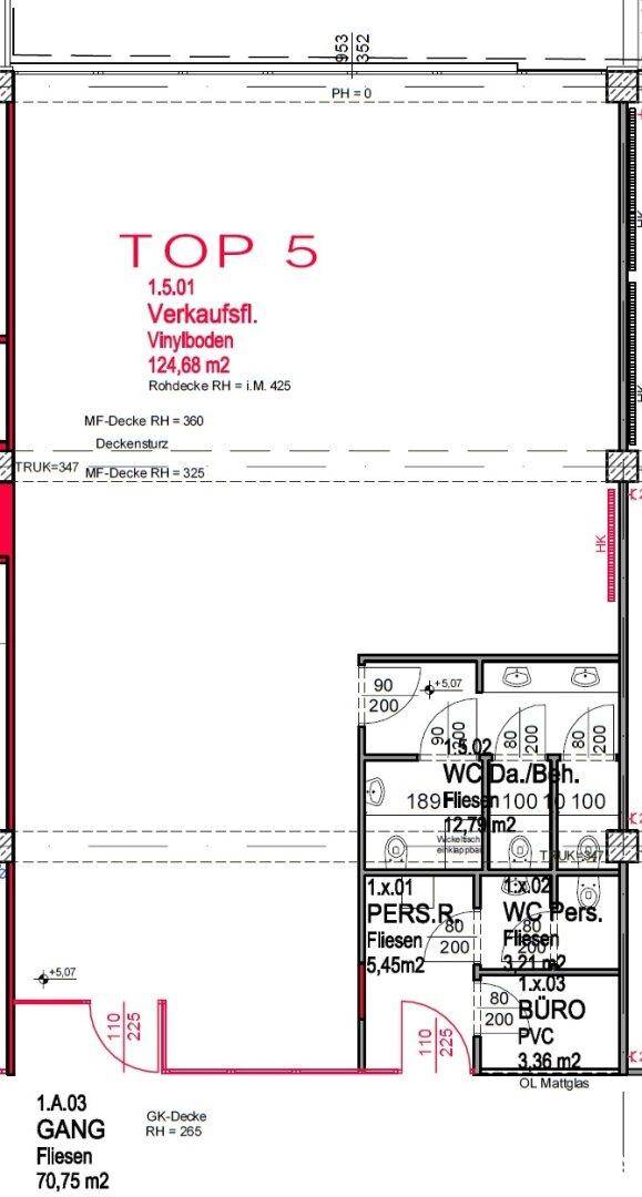 Grundriss für TOP 5 mit 124,68 m² Verkaufsfläche und separaten WC-Bereichen sowie einem Büro.