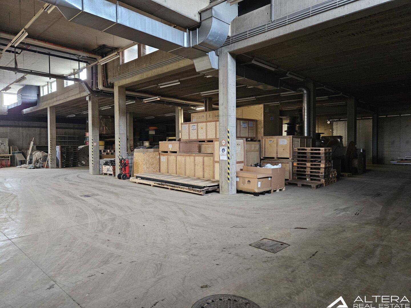 Große Lagerhalle mit Betonboden, hohen Decken und gestapelten Holzkisten und Paletten.