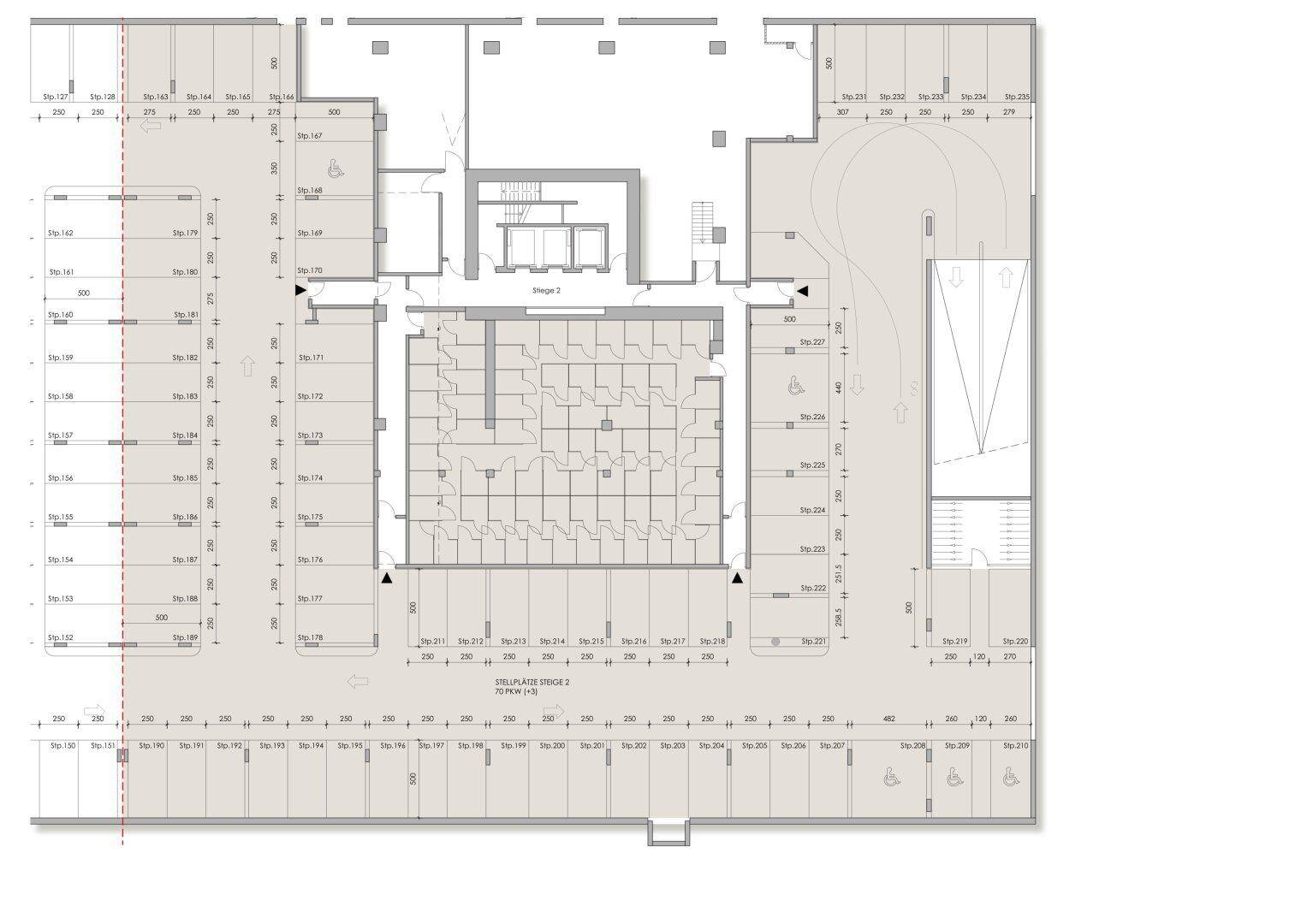 Grundriss der Tiefgarage mit zahlreichen Parkplätzen und Zufahrten.