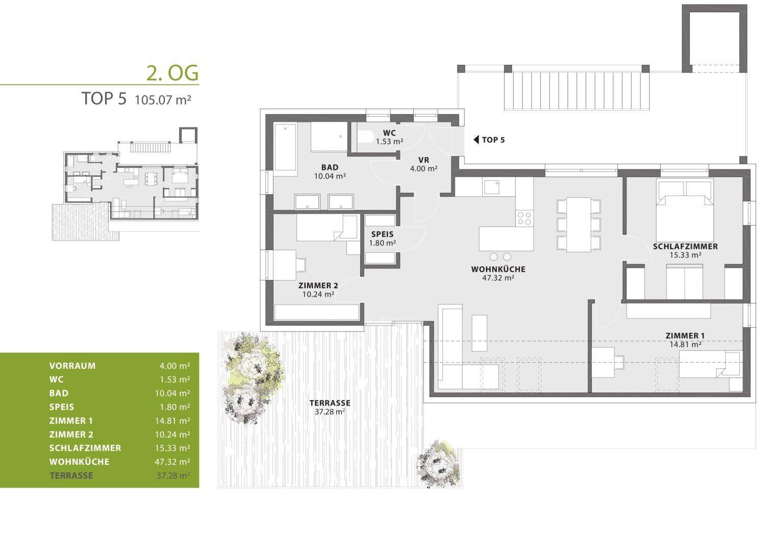 Übersichtlicher Grundriss der Wohnung Top 5 mit Terrasse, offenem Wohnbereich und zwei Schlafzimmern.