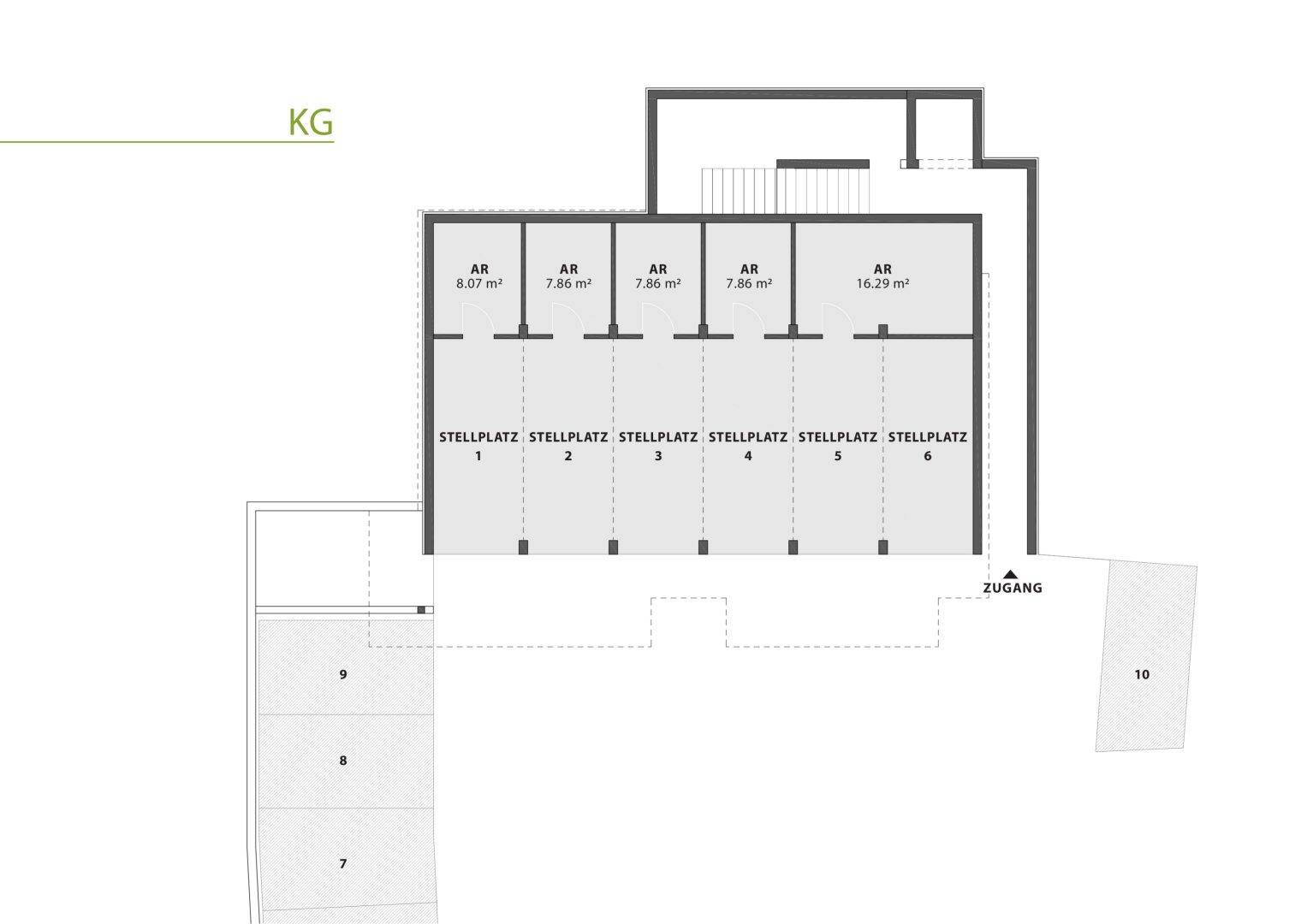 Grundriss des Kellergeschosses mit Stellplätzen und Abstellräumen für die Bewohner.
