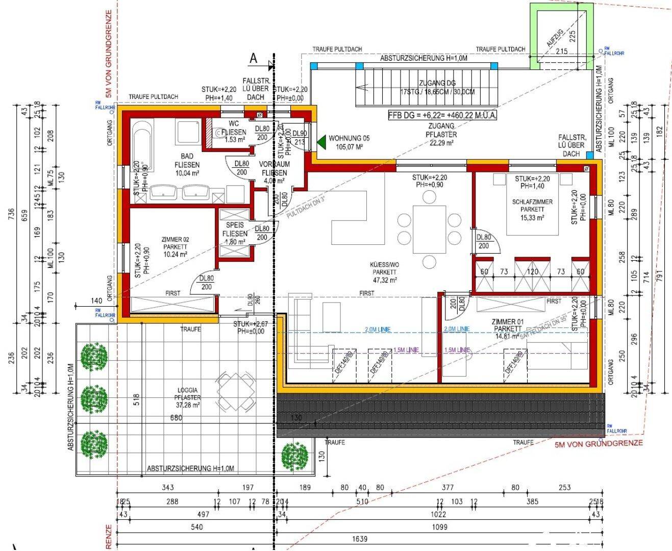 Technischer Grundriss einer Wohnung mit genauen Maßen, offenem Wohnbereich und großer Loggia.