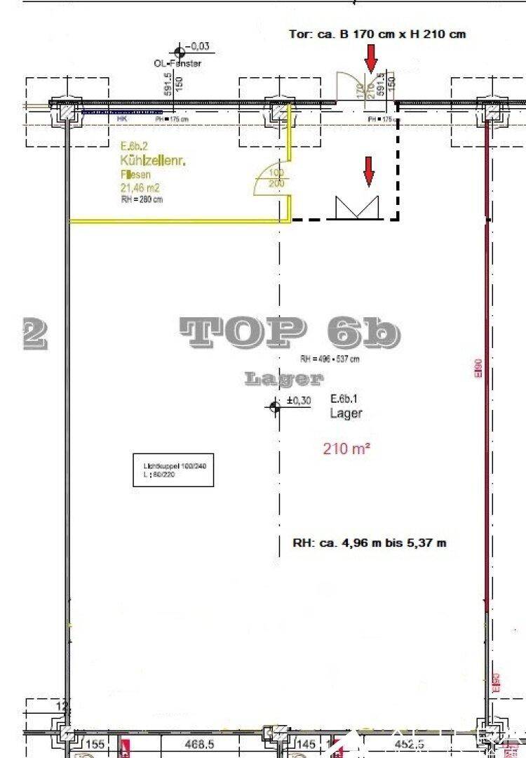 Grundrissplan eines Lagerraums mit einer Fläche von 210 m² und hohen Decken.