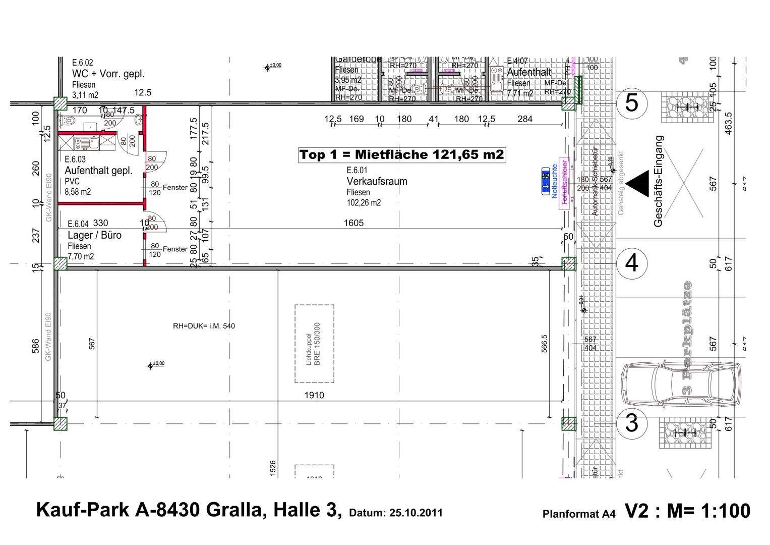 Grundrissplan einer Mietfläche von 121,65 m² mit Verkaufsraum, Lager, Büro und Parkplätzen.