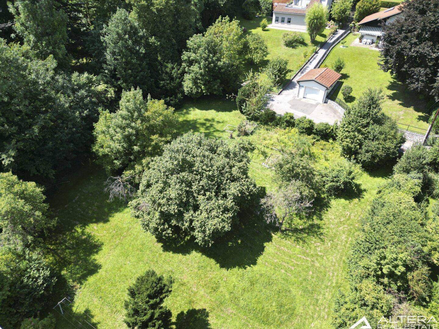 Weitläufiges grünes Grundstück aus der Vogelperspektive mit altem Baumbestand und angrenzenden Wohngebäuden.
