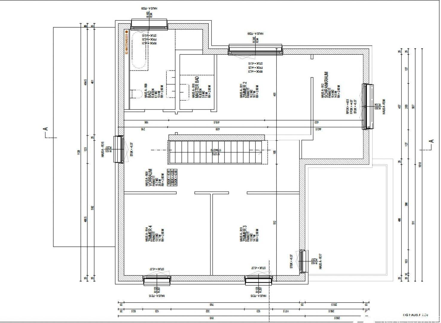 Technischer Grundriss des Obergeschosses mit Schlafzimmern und Bädern.