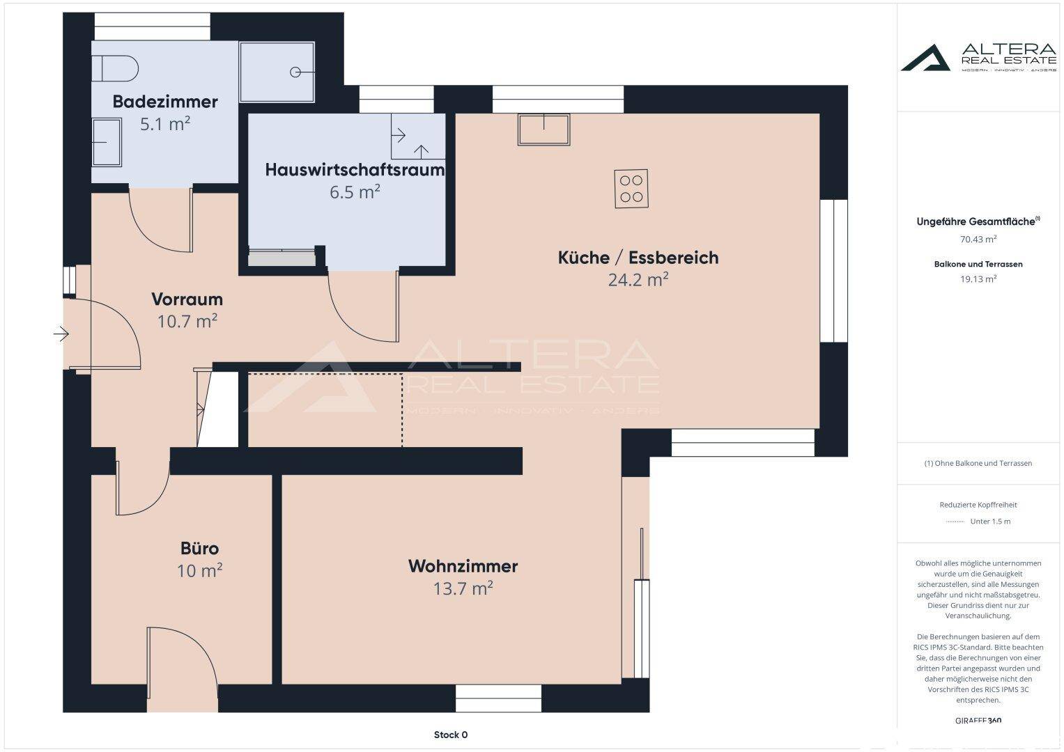 Farbiger Grundriss des Erdgeschosses mit Wohnzimmer, Küche, Büro und Badezimmer.