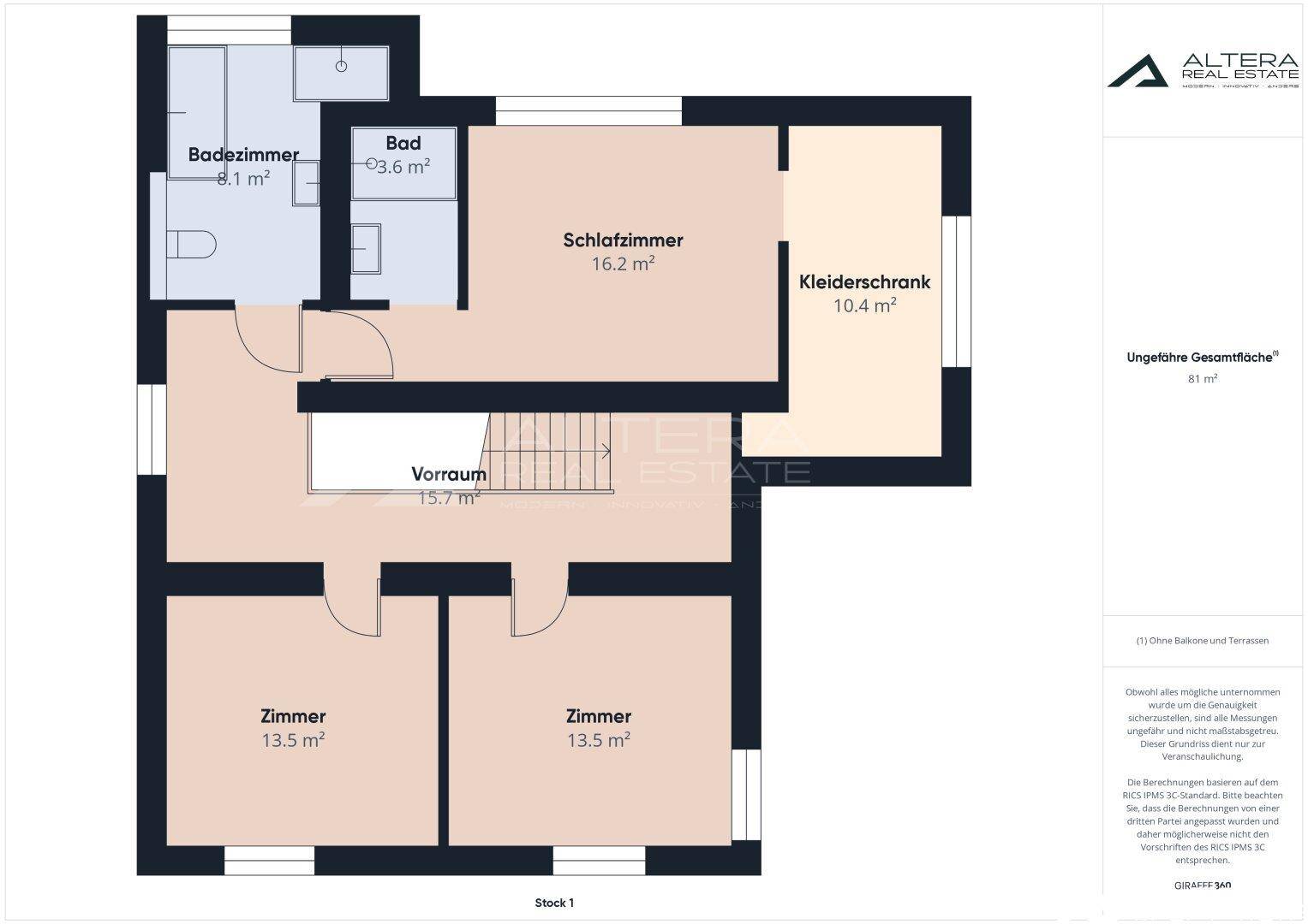 Farbiger Grundriss des Obergeschosses mit Schlafzimmern, zwei Bädern und Ankleidezimmer.