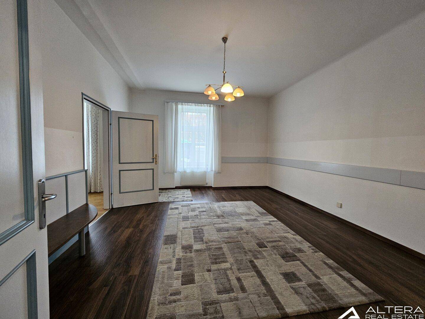 Geräumiger Raum mit dunklem Holzboden, Teppich und einem Fenster, das viel Licht spendet.