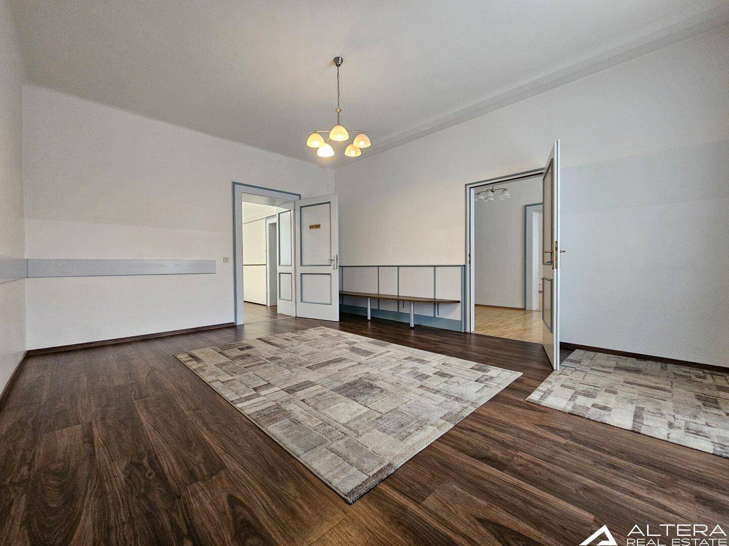 Heller Wohnraum mit dunklem Boden und einem großen Teppich, der zu angrenzenden Zimmern führt.