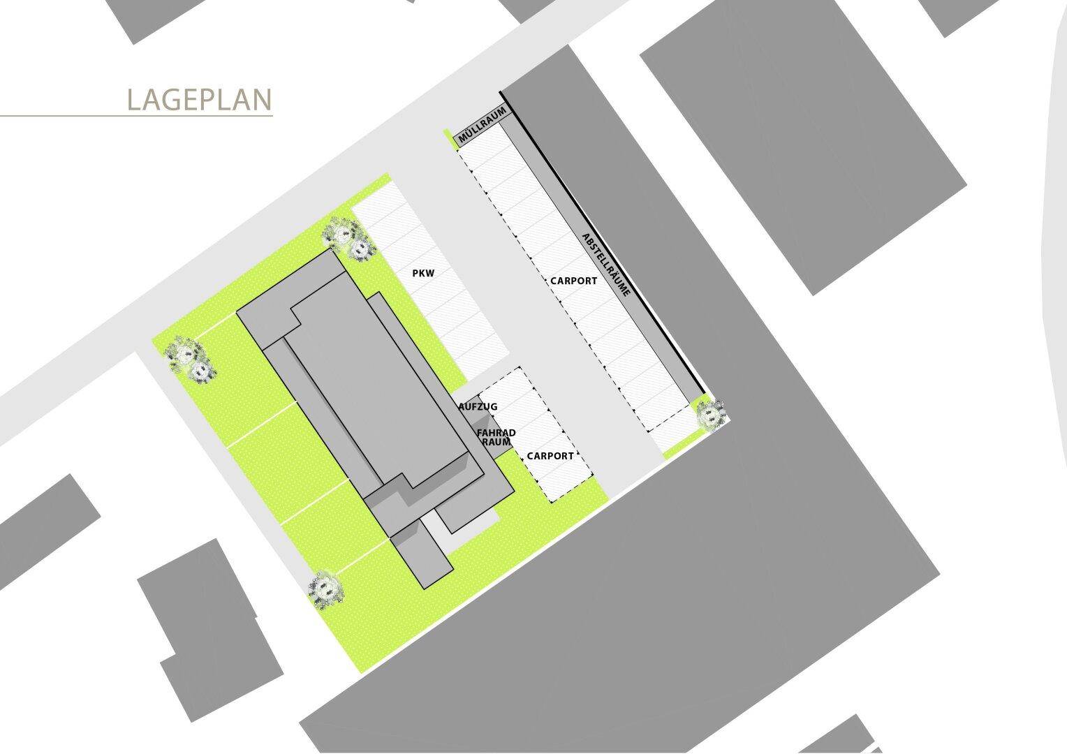 Lageplan des Gebäudes mit Parkplätzen, Fahrradraum und Müllraum.