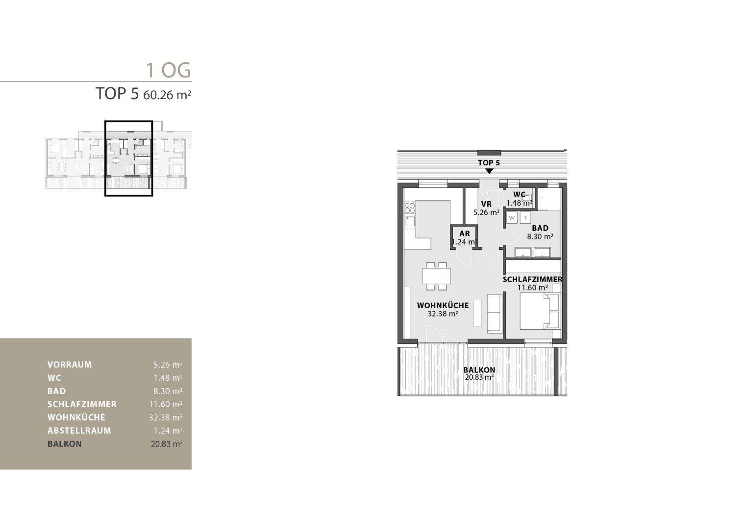 Grundriss der Wohnung TOP 5 im ersten Obergeschoss mit Wohnküche, Schlafzimmer und Balkon.