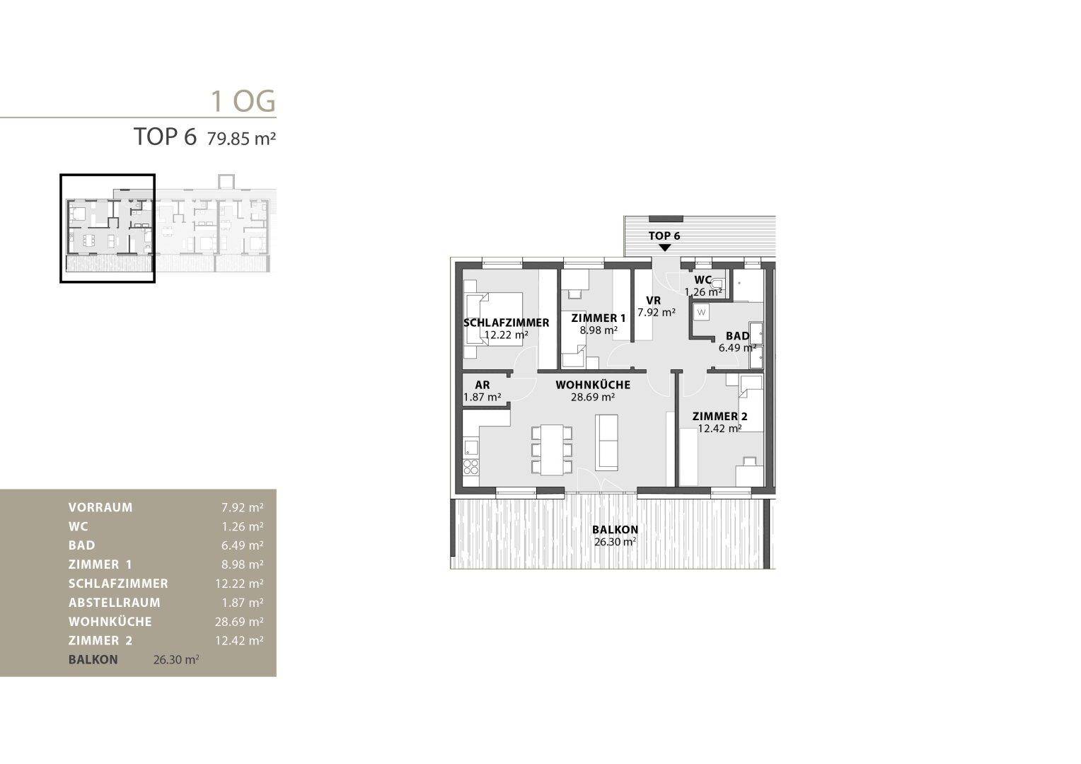 Grundriss der Wohnung TOP 6 im ersten Obergeschoss mit Balkon und zwei Schlafzimmern.